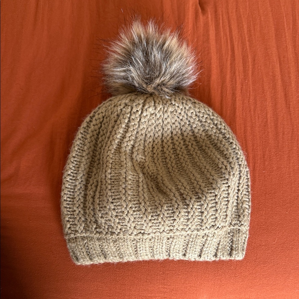 New York & Company Tan Knit Hat with Faux Fur Pom